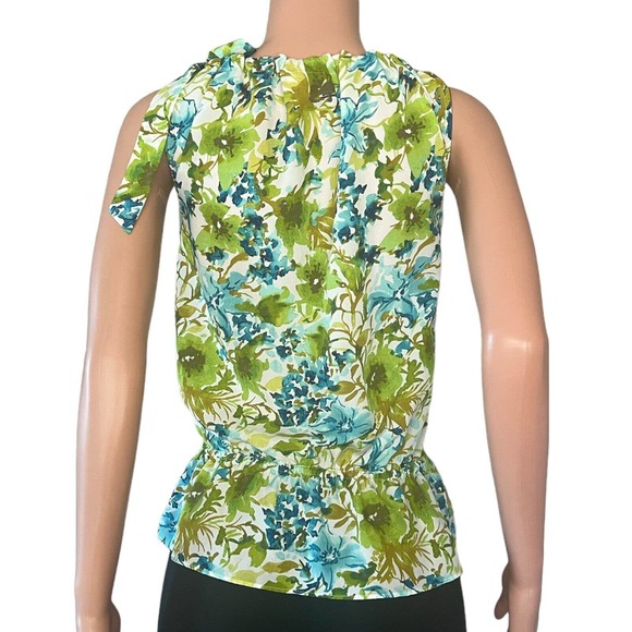 Ann Taylor Loft Shirt Womens XS Green Floral Elastic Scoop Neck Tie Sleeveless - Picture 3 of 9